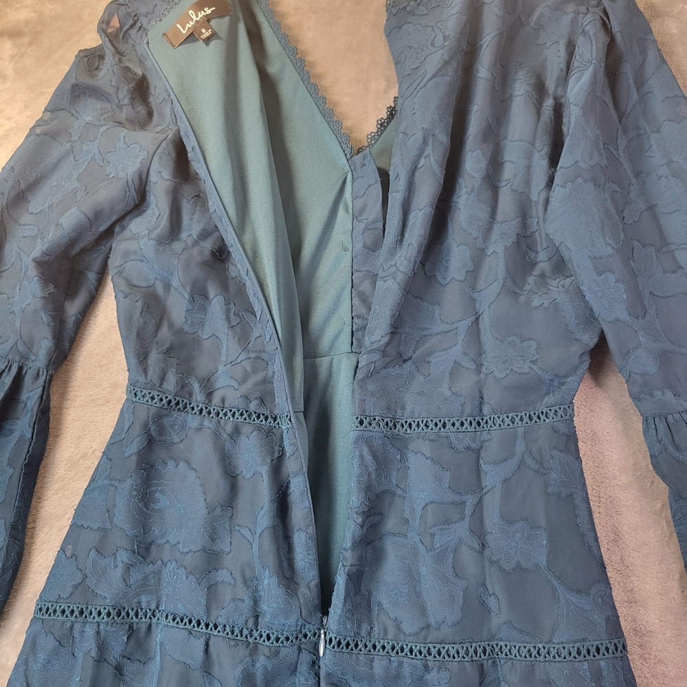 Lulus Teal Blue Floral Cocktail Mini Dress Long Balloon Sleeve V-Neck Size S - Picture 7 of 10
